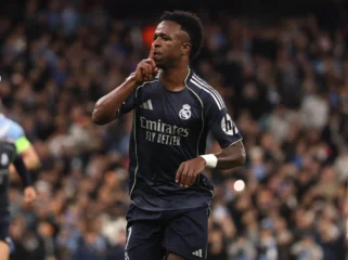 Selebrasi Vinicius Jr usai momen penting lawan Manchester City jadi sorotan.