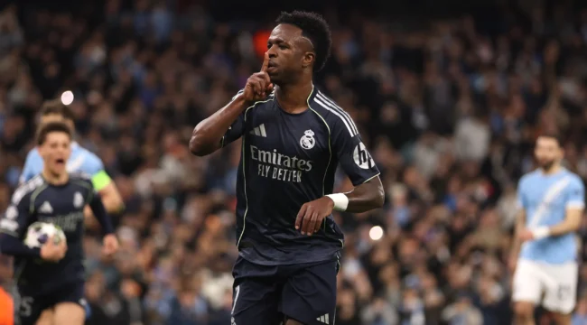 Selebrasi Vinicius Jr usai momen penting lawan Manchester City jadi sorotan.